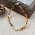 Tiger eye stone square bead bracelet with S925 silver smiley face charm on linen fabric - 925 Silver / Smiley Face Style (F238-F239)