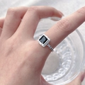 Anello in argento sterling S925 con pietra nera quadrata e trama a perline retro - Aperto Regolabile / Argento
