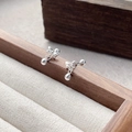S925 sterling silver bow stud earrings with polished silver bead drops and screw backs - 925 Silver / Silver