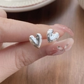 Minimalist S999 sterling silver heart stud earrings with hammered lava texture - 990 Silver / Silver
