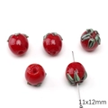 DIY 11x12mm κόκκινες γυάλινες χάντρες μούρων με πράσινα φύλλα για χειροποίητα κοσμήματα - Στυλ Ντομάτας (Μπορντώ)