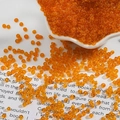 Macro detail of translucent orange glass seed beads scattered on vintage book pages - Orange