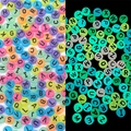 Glow in the dark colorful acrylic alphabet beads for DIY jewelry and crafts making - Flat Round Convex Alphabet Style / 6x10mm (100 Pieces/Pack) / Luminous Transparent Multicolor & Black Letters
