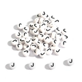 White flat round acrylic alphabet beads with black letter J for DIY jewelry crafting - 100 Pieces/Pack (4x7mm) / Flat Bead J