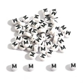 Flat round white acrylic beads with black letter M for DIY jewelry and crafts - 100 Pieces/Pack (4x7mm) / Flat Bead M