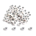 Flat round white acrylic DIY beads with black letter 'u' print for handmade jewelry - 100 Pieces/Pack (4x7mm) / Flat Bead U