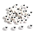Flat round white acrylic beads with black heart pattern for DIY jewelry making - 100 Pieces/Pack (4x7mm) / Heart Pattern