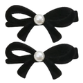 Coppia di eleganti fermagli per capelli in velluto nero con perle bianche e fiocchi - Molletta per Capelli con Fiocco e Perle Artificiali / Nero