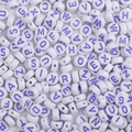DIY white acrylic round beads with purple letters A to Z for personalized jewelry making - 100 Pieces Set / Solid White with Purple Letters