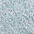 DIY white round flat acrylic letter beads with green capital alphabets for jewelry - 100 Pieces Set / Solid White with Green Letters