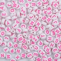 DIY white acrylic round beads with bright pink printed letters for jewelry making - 100 Pieces Set / Solid White with Pink Letters