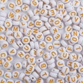 White acrylic alphabet beads with gold capital letters for DIY jewelry making - 100 Pieces Set / Solid White with Yellow Letters