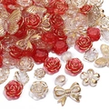 DIY mixed acrylic beads with gold edges including flower and butterfly shapes - 12-30mm / 20g/Pack (Approx. 20-25 Pcs) / Red Series
