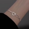 Minimalistische S925 sterling zilveren armband met hol hart en dubbele kralenketting voor dames - Hart armband / 925 zilver