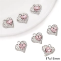 Pink heart pendant charm in silver alloy with melted metal texture, size 17x18mm - Rhinestone Crooked Heart Style / 1 Piece (17x18mm) / White Gold