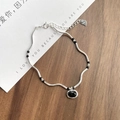 Minimalist S925 sterling silver beaded bracelet with black agate and wave tube links - 925 Silver / Silver