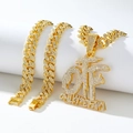 Set collana e bracciale a catena cubana dorata con ciondolo OTF con strass lucidi - Solo Pendente (Senza Catena) / Oro