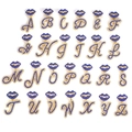 Macro view of iced out A-Z alphabet pendants with blue rhinestones and lip bail - Letter A / Gold Lips Bail Royal Blue White Rhinestone