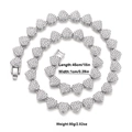 Close-up of iced out broken heart Cuban chain necklace with detailed 45cm/18in size specs - Heart Linked Silver Chain