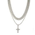 Detail showing double layer silver Cuban link chain with iced out diamond cross pendant - Classic Cross Style 3 Silver