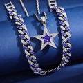 Hip hop jewelry set with star pendant and iced-out Cuban link chain in blue and white stones - Tennis Chain Style / Blue