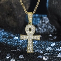 Close-up of gold-plated Ankh cross pendant with sparkling rhinestones on twisted rope chain - P80122G-Pendant Only (Without Chain)