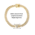 Gold-plated Cuban link anklet with iced-out heart charm and rhinestone paved alloy - 8 inch / Plug-in Buckle Style / Gold