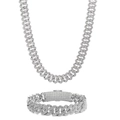 Ensemble collier et bracelet maille cubaine argentée style Hip Hop serti de strass brillants - 12mm Curved Buckle Chain / Argent / 7"