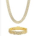 Détail du lot de collier et bracelet gourmette dorés avec strass de style hip hop luxe - 12mm Curved Buckle Chain / Or / 7"
