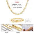 Detailed views of gold and silver plated Figaro chain set showing clasp and links - 7" / Gold