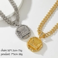 Chaîne cubaine hip hop avec grand pendentif médaillon portrait serti de strass brillants - Chaîne Cubaine Style Relief Rond (Set PDT072-021) / Or