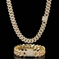 18K gold plated 15mm triple row iced out Cuban link chain and bracelet set for men - Bracelet 7inch (17.7cm) / 10mm Wide Gold (NLTG021)