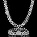 Silver cuban link jewelry set with three rows of shimmering pavé zircons on black background - Bracelet 7inch (17.7cm) / 10mm Wide Silver (NLTG021)