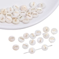Flat round white freshwater shell bead with golden letter I for DIY jewelry making - US 1