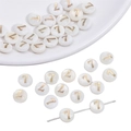 Flat round shell bead in pearl white featuring a gold number 7 for DIY jewelry making - US 7