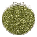 Macro detail of olive green transparent glass seed beads in a silver decorative tray - Silver Grass Green
