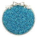 Top view of light blue silver-lined seed beads in a metal container with bow relief - Silver Aqua Blue