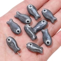 Handmade fish-shaped ceramic beads with dark grey marble texture for DIY jewelry making - 10x19mm (2 Pieces/Pack) / Gray