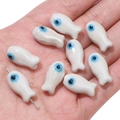 Handmade fish ceramic bead with blue evil eye pattern for DIY jewelry crafting - 10x19mm (2 Pieces/Pack) / White