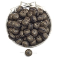 Macro shot of black acrylic beads with gold heart patterns for jewelry making - Flat Round Heart Style