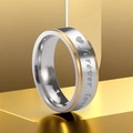 Macro view of titanium steel ring featuring Forever Love engraving and gold edge - Size 12 / Male Style / Silver-Gold Mix