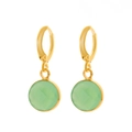 Minimalist gold plated huggie earrings with faceted light green gemstone drops - Grass Green