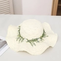 Summer straw sun hat in cream white featuring a daisy flower wreath and frayed brim edge - Artemisia (pola) Milk White