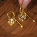 Golden heart-shaped tassel earrings with white crystals and sleek metal bars - E2552 Coffee / 925 Silver Needle