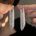 Elegant long silver tassel earrings with sparkling crystals held in hand - E2563 Silver / 925 Silver Needle