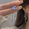 Silver long tassel earrings with sparkling cloud studs and crystal water drops - E2441 Blue / 925 Silver Needle