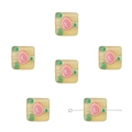 Vierkante paarse matte glaskralen met handgeschilderde roze roos-bloemmotieven - 12x12mm (2 Stuks/Verpakking) / Geel