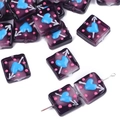 Dunkelviolette quadratische Glasperle mit blauem Herzmuster für DIY-Schmuckherstellung - 15mm (1 Stück/Packung) / Lila und Blaues Durchbohrtes Herz