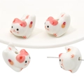 Hand-painted white ceramic cat beads with pink ears and red dots for DIY jewelry making - Pink Cat (BCD015) / 16x22mm (Hole 2mm, 1pc/pack)