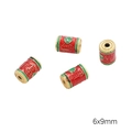 Rote Emaille-Zylinderperle 6x9mm mit goldenem Fu-Zeichen für die Schmuckherstellung - Segen Tonnenperle (6x9mm) / 1 Stück / Rot